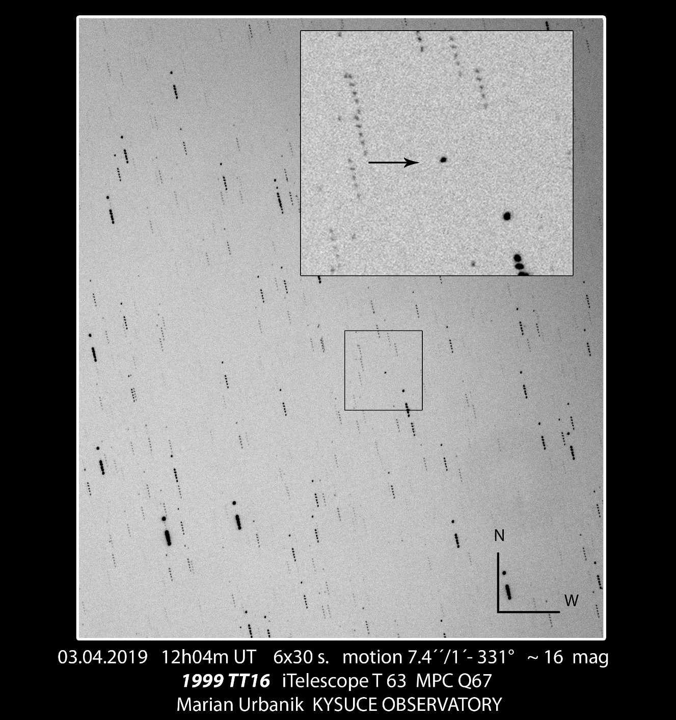 Asteroid 2019 TT 16 z 3.4.2019. Autor: M. Urbaník, Krajská hvezdáreň v Žiline